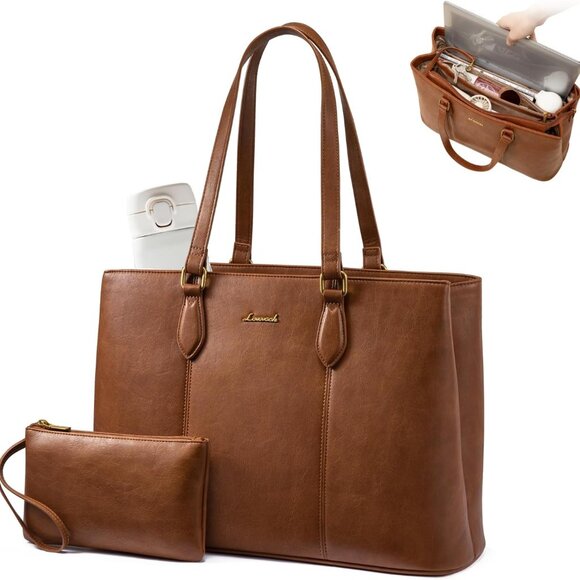 Laptop Tote Bag for Women,Work Tote with Wristlet,PU Leather Computer Bag for Te - Picture 1 of 8